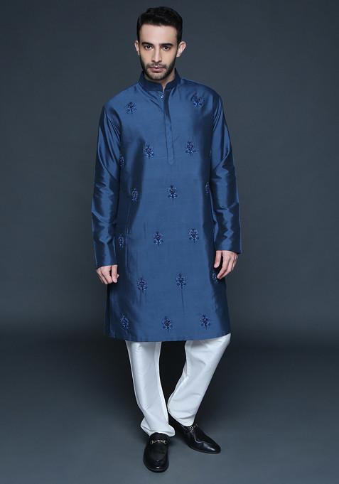 Royal Blue Embroidered Cotton Silk Kurta Set For Men