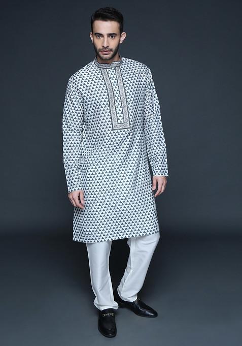 Charcoal Grey Embroidered Cotton Kurta Set For Men