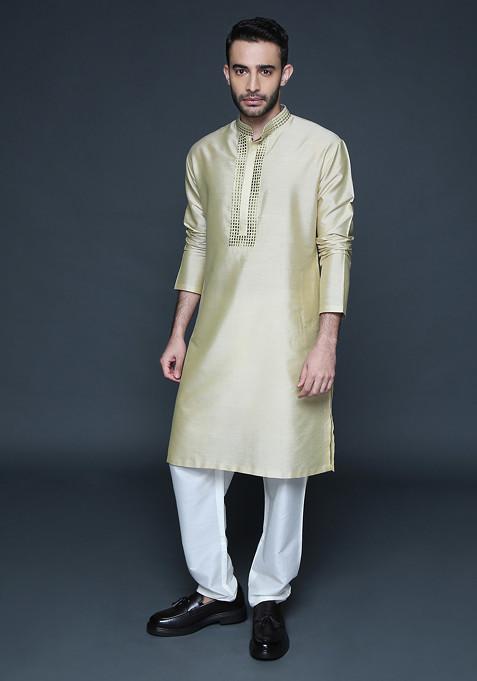 Golden Beige Embroidered Cotton Silk Kurta Set For Men