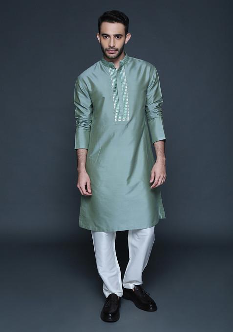 Vintage Green Embroidered Cotton Silk Kurta Set For Men