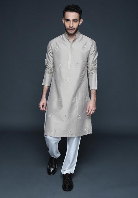 Stone Grey Embroidered Cotton Silk Kurta Set For Men