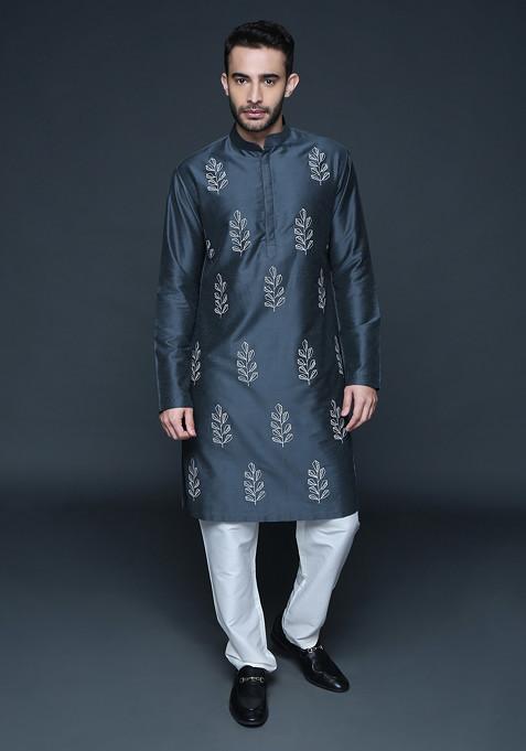 Charcoal Grey Embroidered Silk Kurta Set For Men