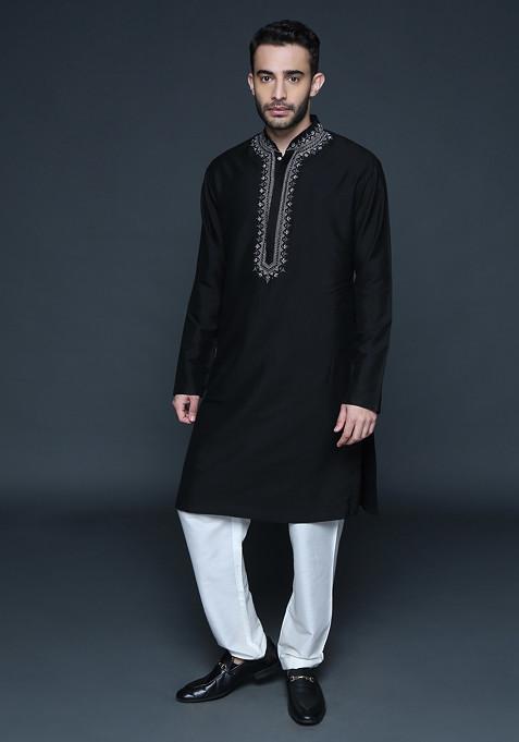 Black Embroidered Silk Kurta Set For Men