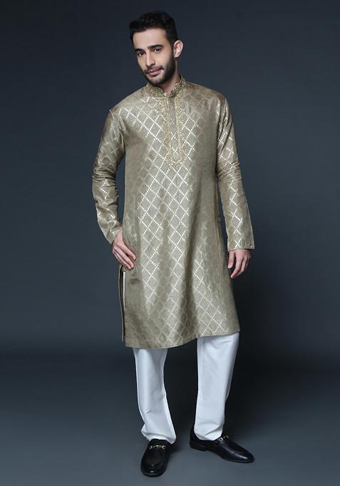 Military Green Embroidered Jacquard Chanderi Kurta Set For Men