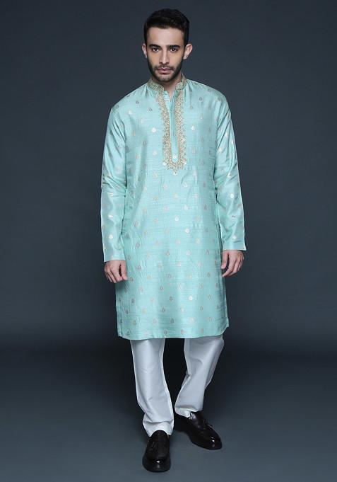 Sea Green Embroidered Jacquard Green Kurta Set For Men