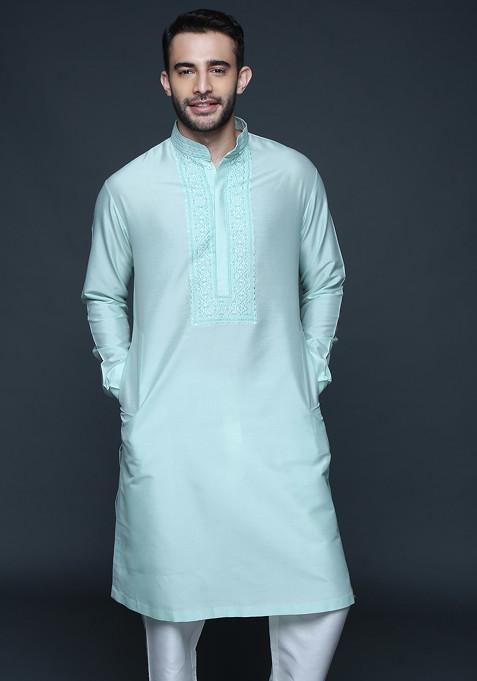 Sea Green Embroidered Cotton Kurta Set For Men