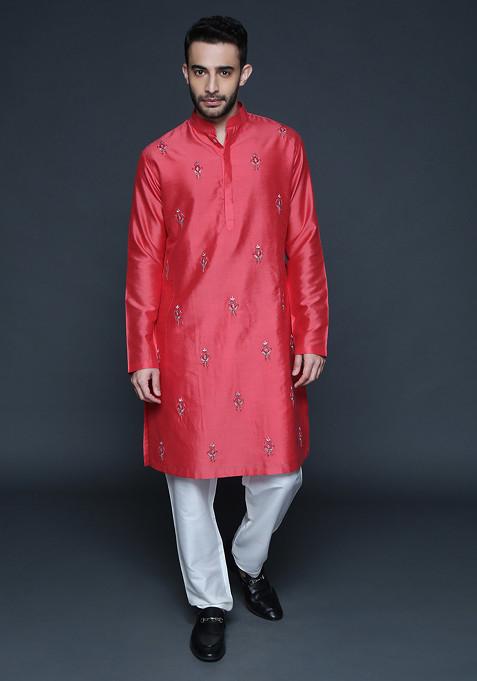 Coral Embroidered Cotton Silk Kurta Set For Men