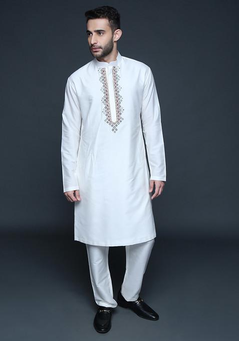 Ivory Embroidered Kurta Set For Men