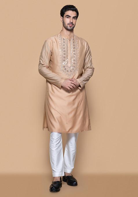 Fawn Embellished Modal Kurta Set For Men