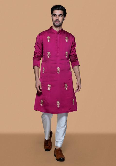 Magenta Embroidered Modal Kurta Set For Men