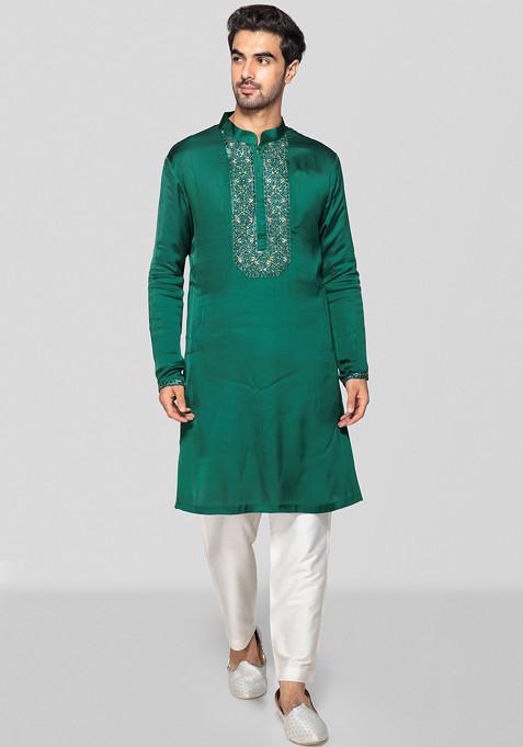 Green Embroidered Modal Kurta Set For Men