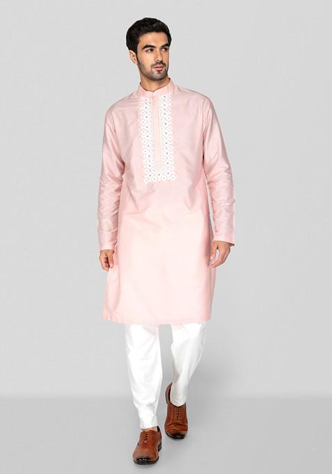 Peach Embroidered Cotton Silk Kurta Set For Men