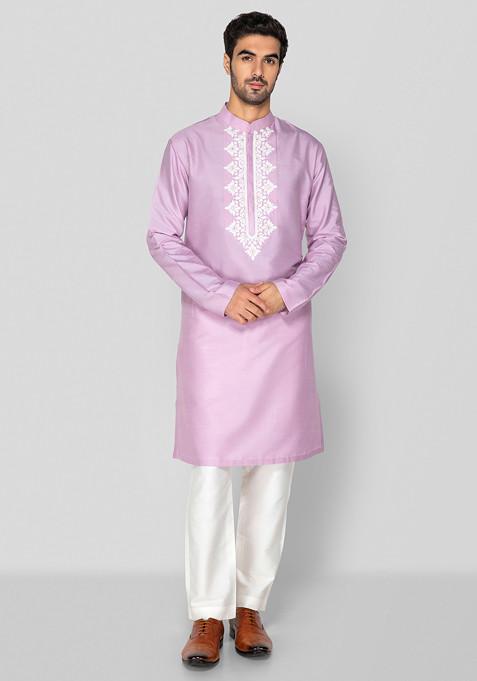 Lavender Embroidered Cotton Silk Kurta Set For Men