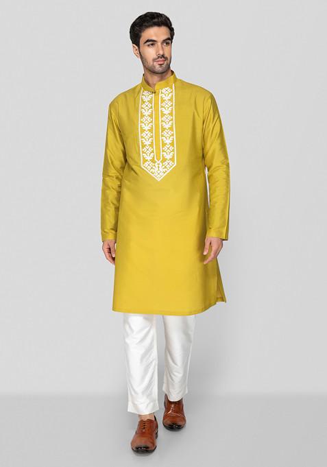 Bright Green Embroidered Cotton Silk Kurta Set For Men