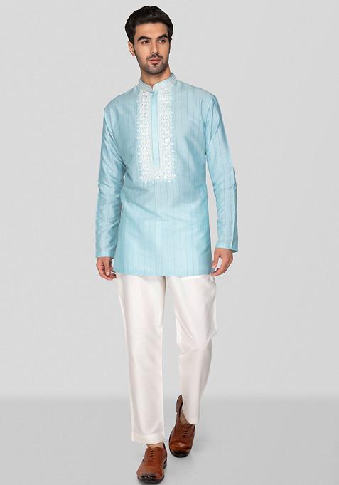 Sky Blue Embroidered Cotton Silk Kurta Set For Men