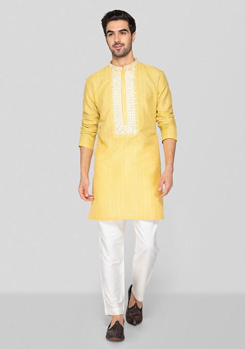 Golden Yellow Embroidered Cotton Silk Kurta Set For Men