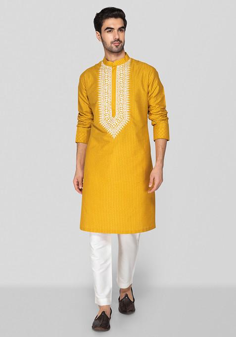 Mustard Embroidered Cotton Kurta Set For Men