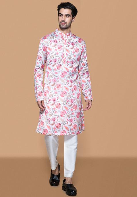 Ivory And Pink Printed Kurta Set For Men