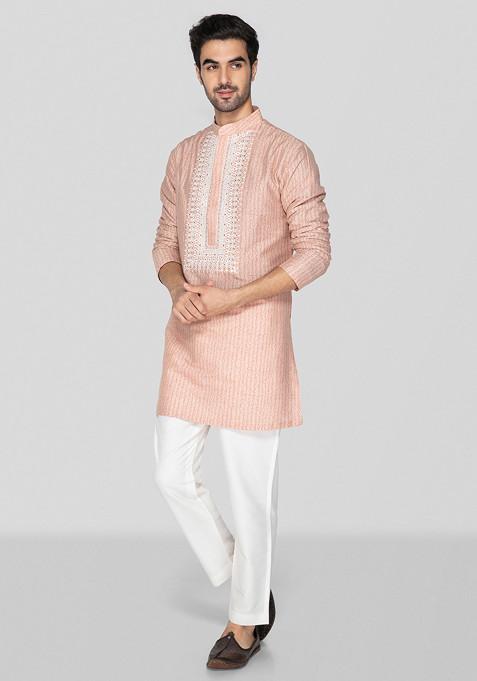 Peach Block Print Cotton Silk Kurta Set For Men