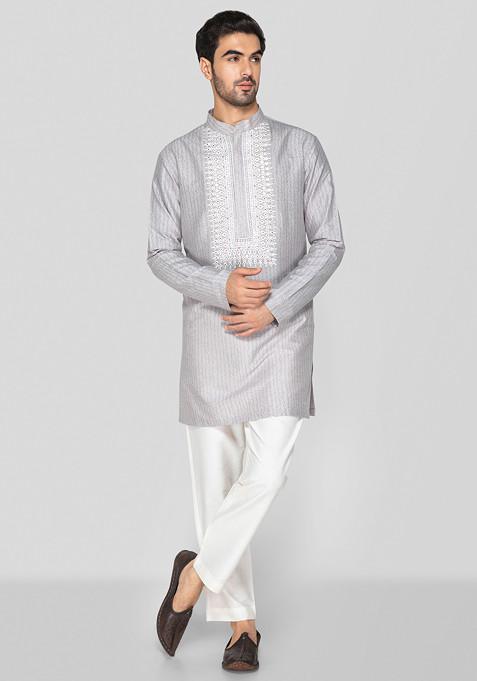 Grey Block Print Cotton Silk Kurta Set For Men