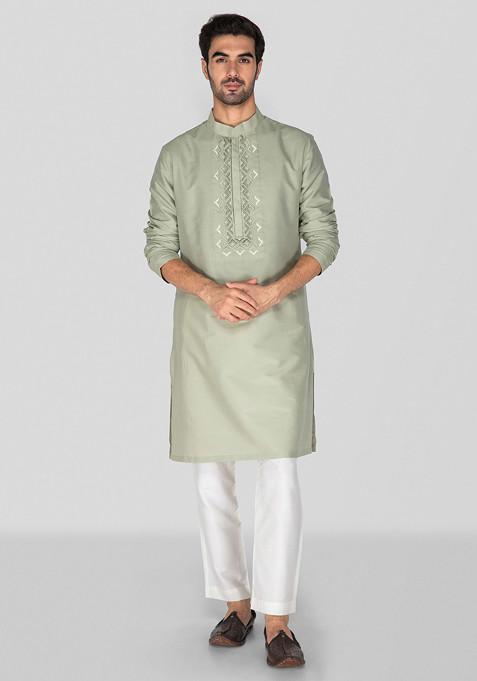 Olive Green Embroidered Cotton Silk Kurta Set For Men