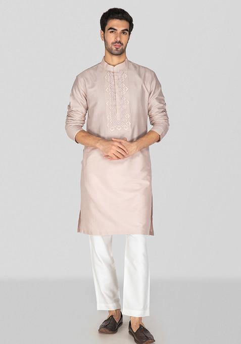 Nude Pink Embroidered Cotton Silk Kurta Set For Men