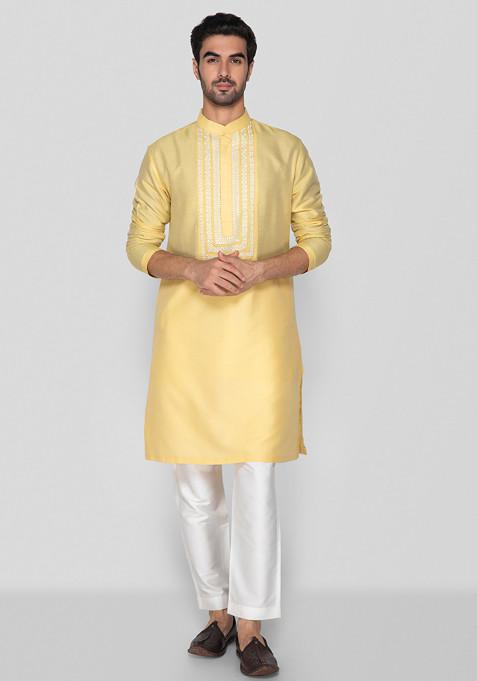 Golden Yellow Embroidered Cotton Kurta Set For Men