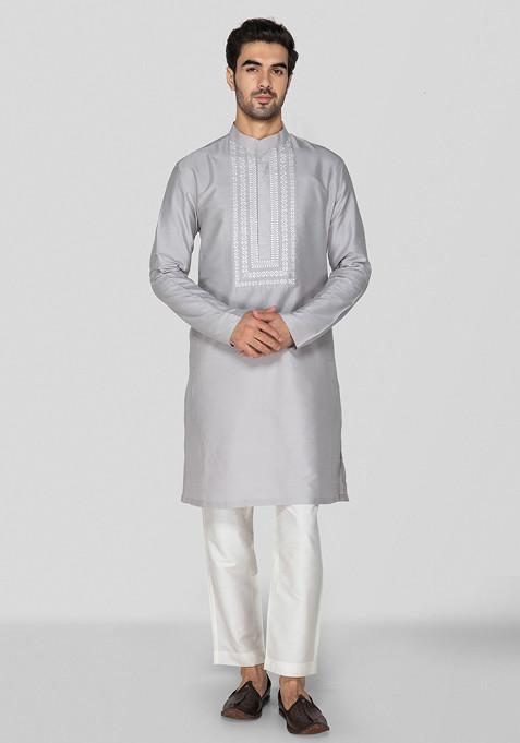 Grey Embroidered Kurta Set For Men