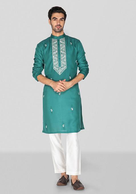 Teal Embroidered Jennifer Silk Kurta Set For Men