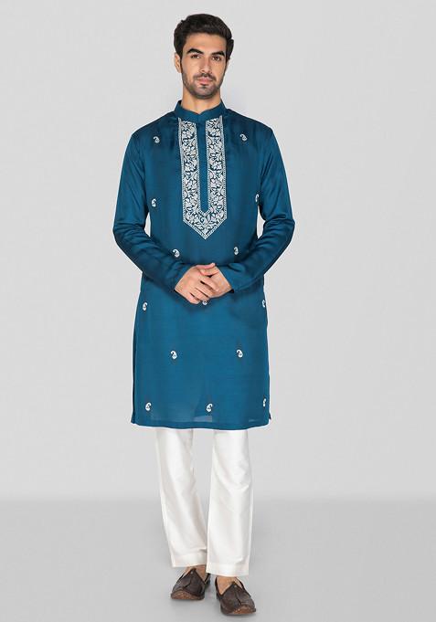 Classic Blue Embroidered Jennifer Silk Kurta Set For Men