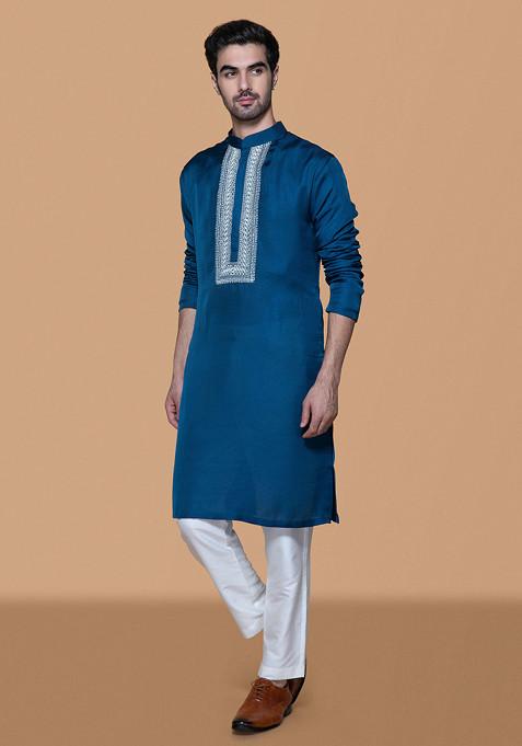 Classic Blue Embroidered Silk Kurta Set For Men