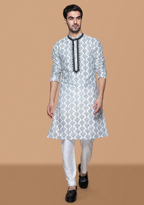 Ivory And Black Block Printed Kurta Set For Men