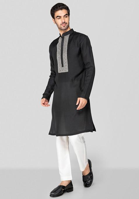 Black Embroidered Jennifer Silk Kurta Set For Men