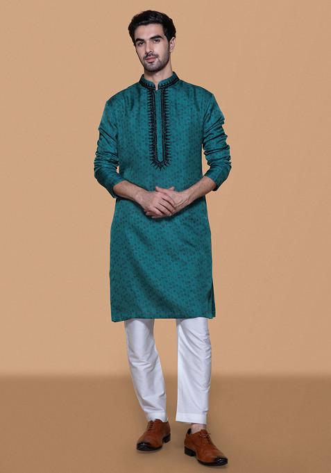 Pine Green Embroidered Jennifer Silk Kurta Set For Men