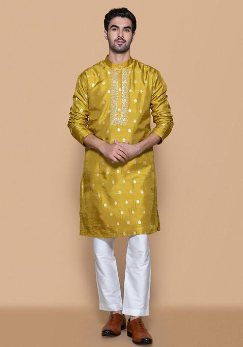 Mustard Yellow Zari Embroidered Jacquard Chanderi Kurta Set For Men