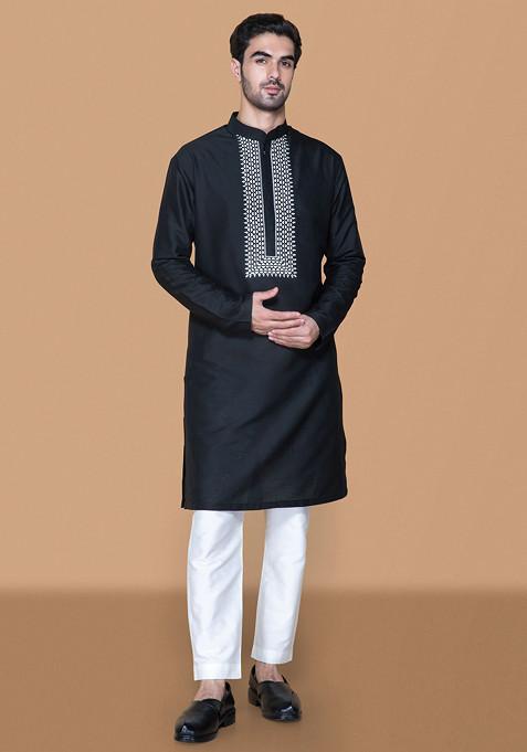 Black Embroidered Cotton Kurta Set For Men