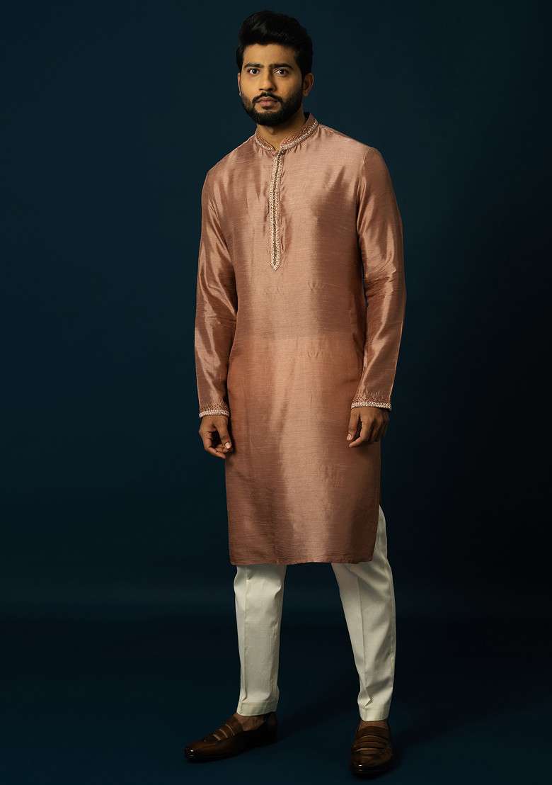 Onion Pink Embroidered Kurta Set For Men - Indya