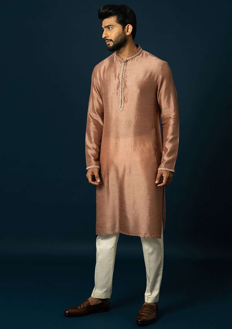 Onion Pink Embroidered Kurta Set For Men - Indya