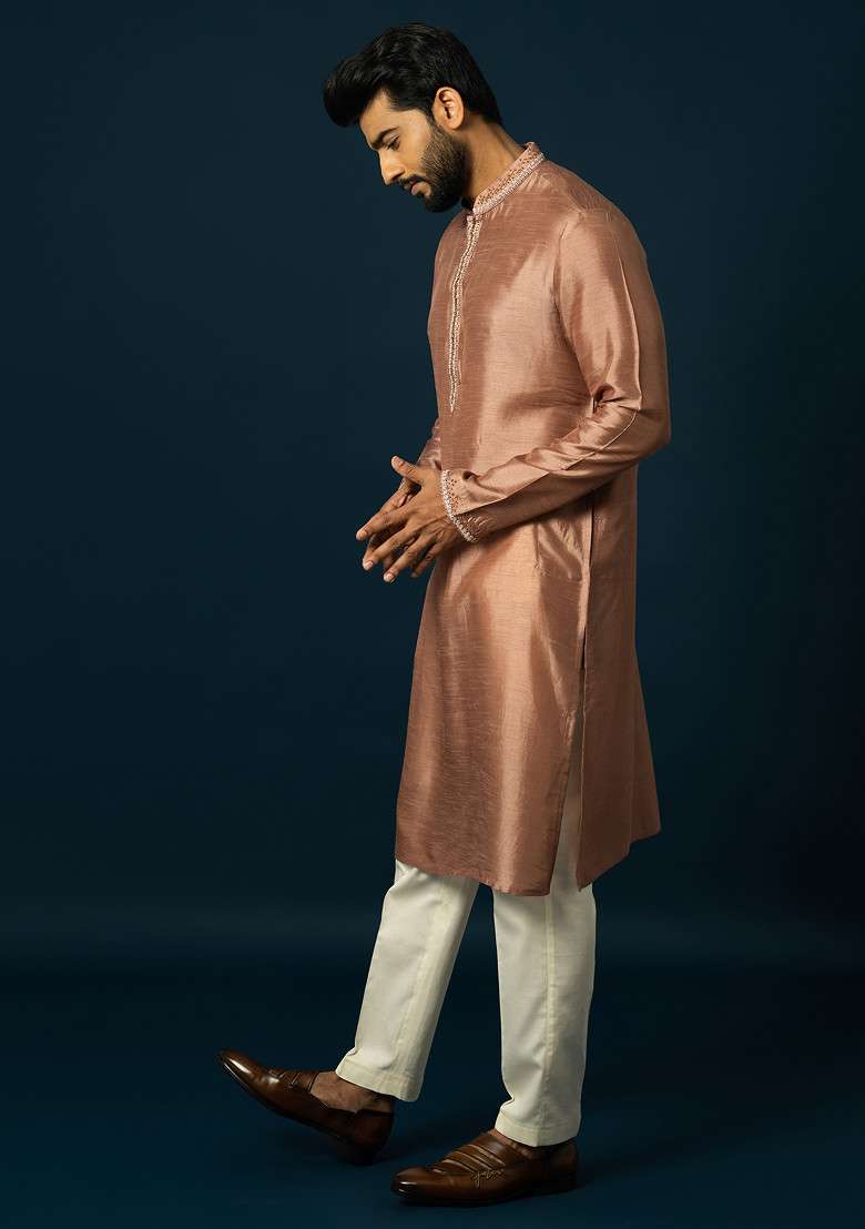 Onion Pink Embroidered Kurta Set For Men - Indya