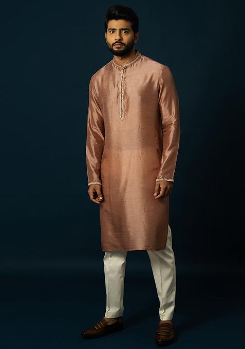 Onion Pink Embroidered Kurta Set For Men