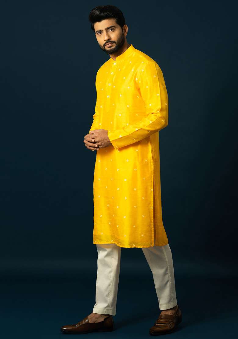 Yellow Embroidered Silk Blend Kurta Set For Men - Indya