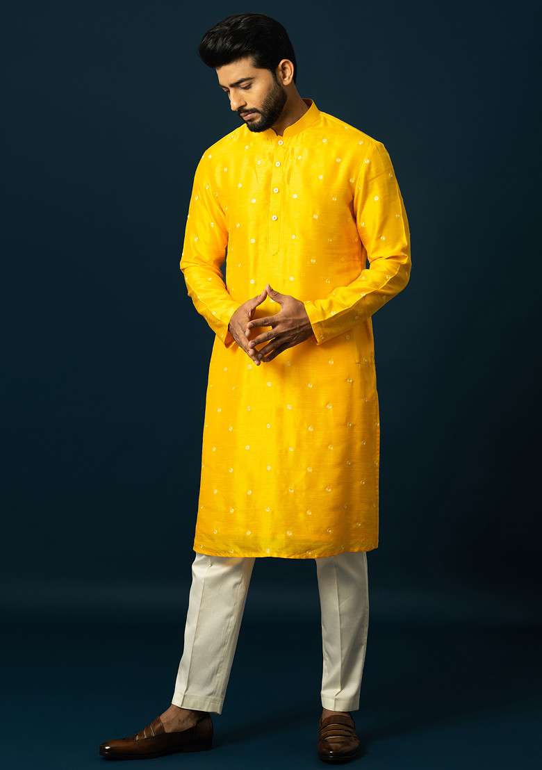 Yellow Embroidered Silk Blend Kurta Set For Men - Indya