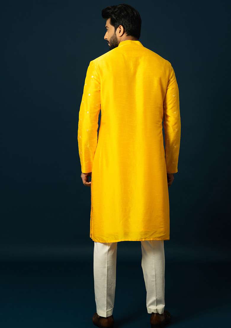 Yellow Embroidered Silk Blend Kurta Set For Men - Indya