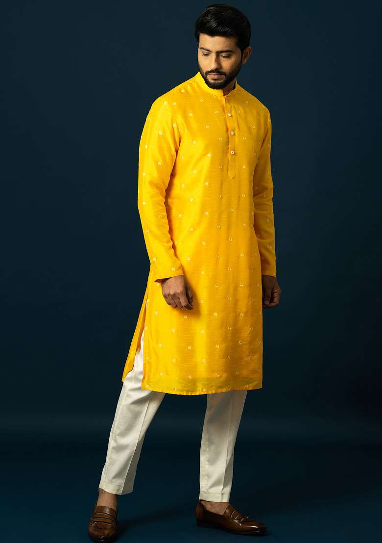 Yellow Embroidered Silk Blend Kurta Set For Men - Indya