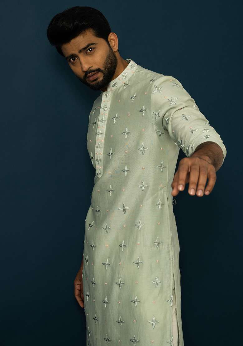 Mint Embroidered Chanderi Silk Blend Kurta Set For Men - Indya