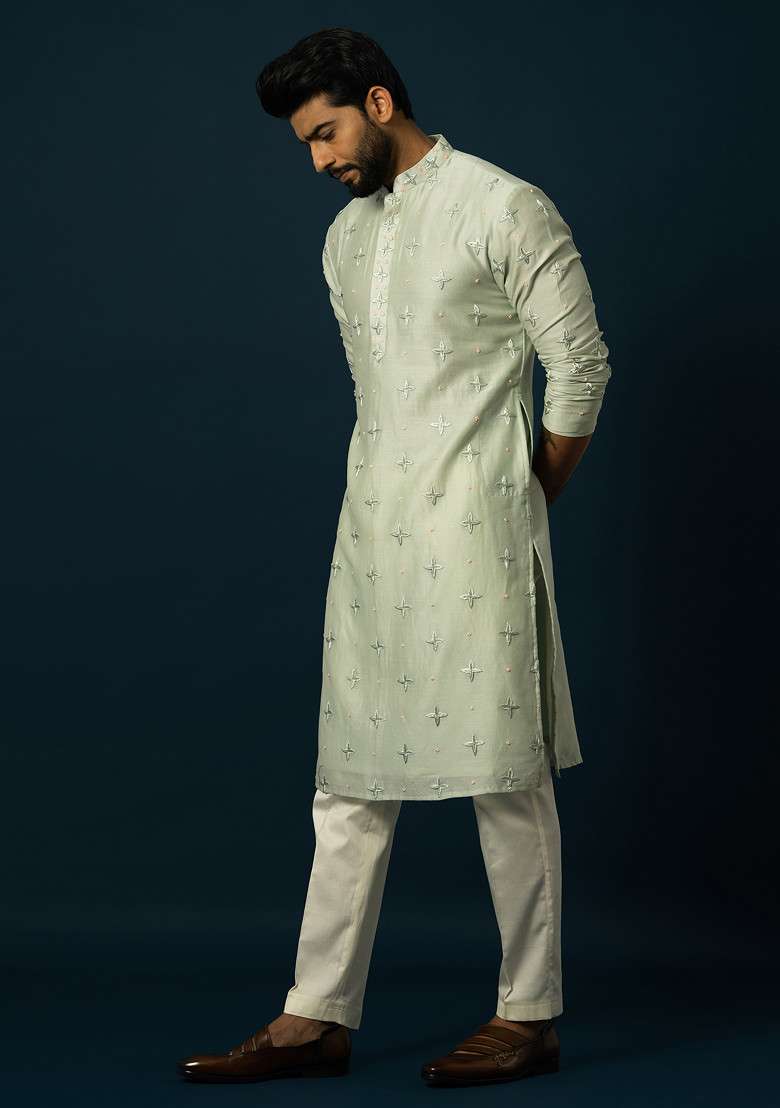 Mint Embroidered Chanderi Silk Blend Kurta Set For Men - Indya