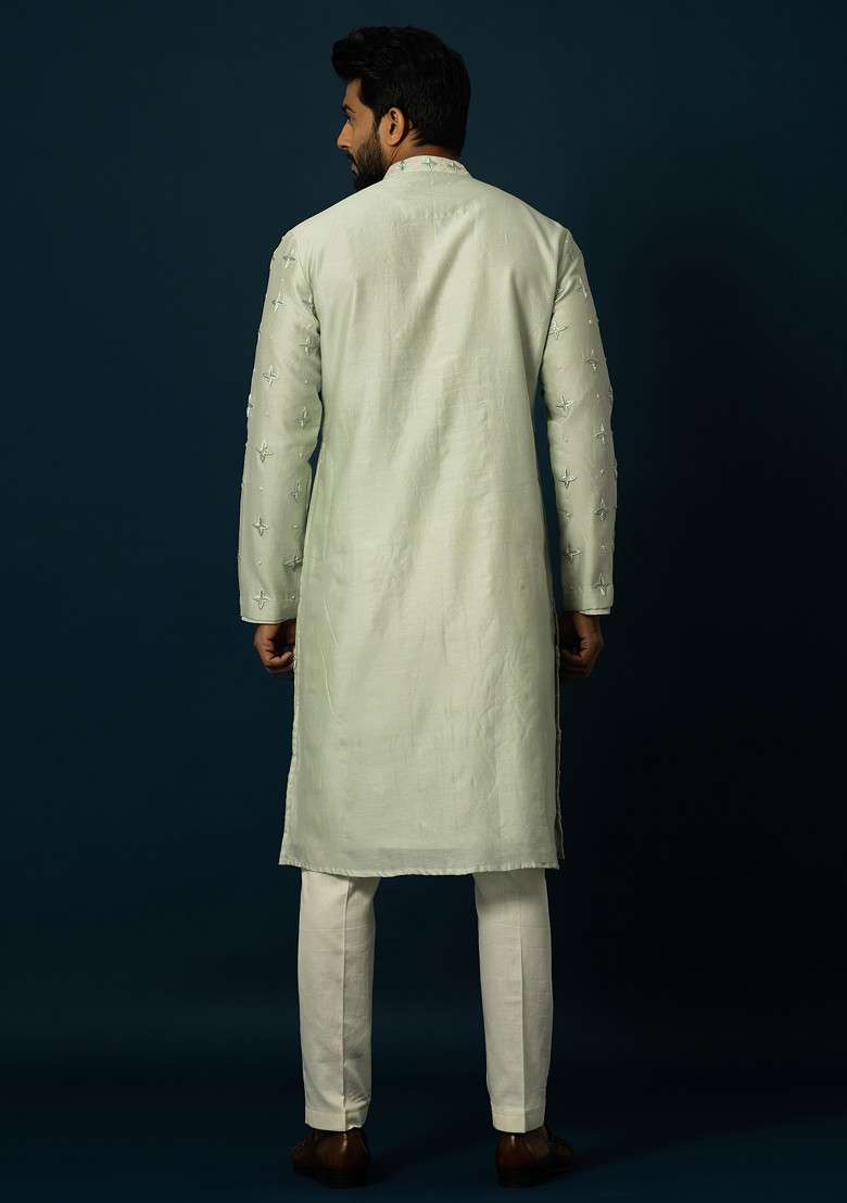 Mint Embroidered Chanderi Silk Blend Kurta Set For Men - Indya