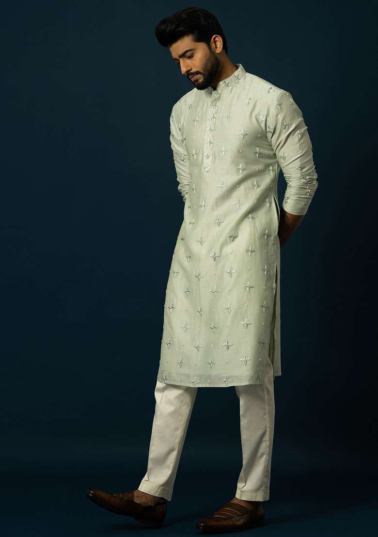 Mint Embroidered Chanderi Silk Blend Kurta Set For Men - Indya