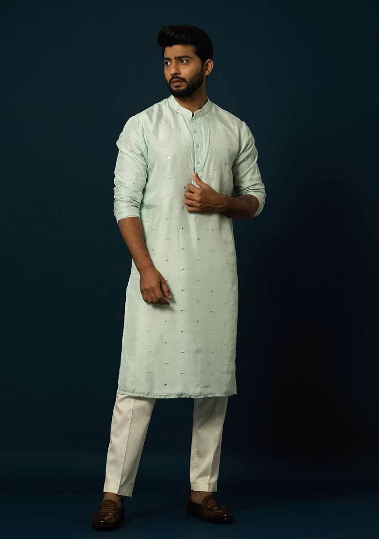 Light Blue Embroidered Silk Blend Kurta Set For Men - Indya