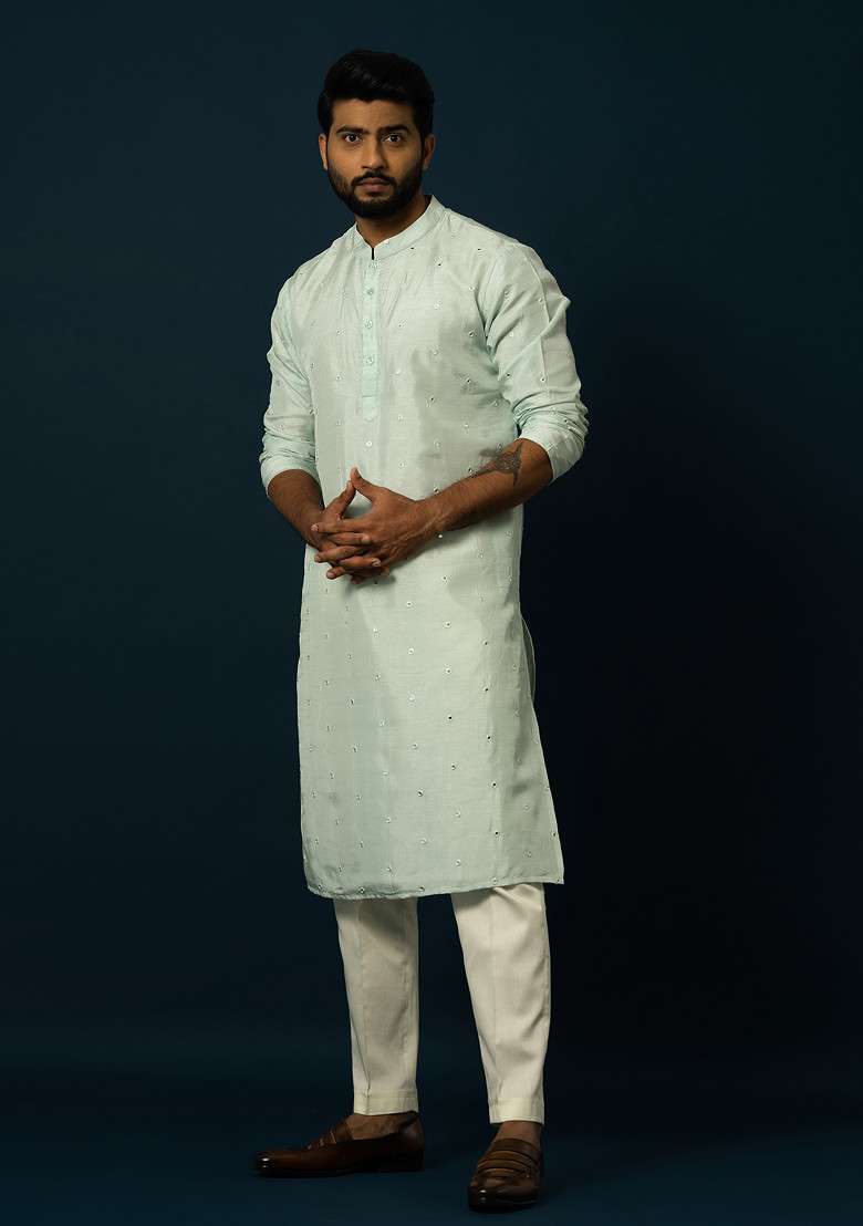 Light Blue Embroidered Silk Blend Kurta Set For Men - Indya